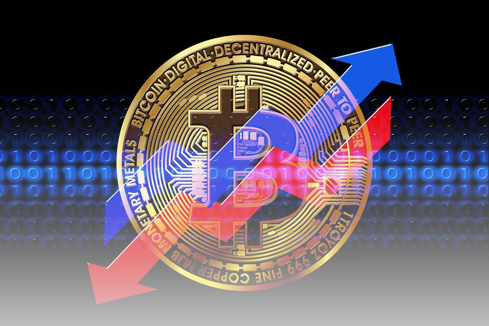 Moneda de bitcoin con flechas de compra y venta