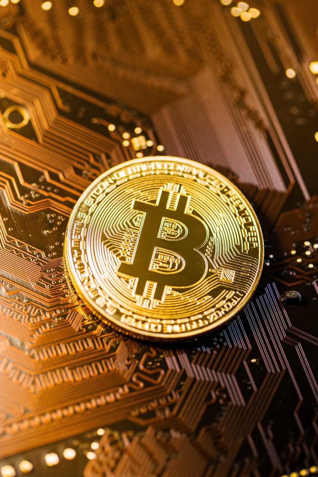 Moneda de bitcoin sobre una placa de circuitos