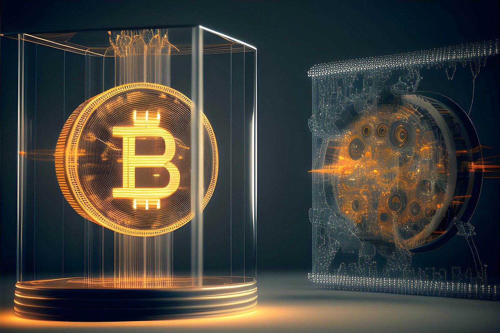 Moneda de bitcoin iluminada dentro de una caja de vidrio