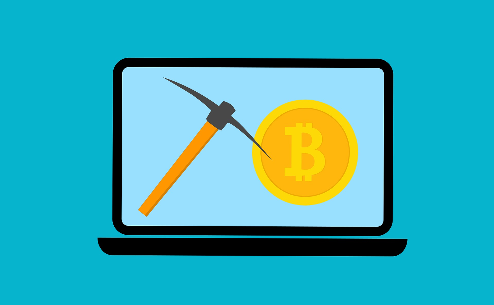 Ilustración de una laptop con un pico de minero y una moneda dorada de bitcoin en la pantalla