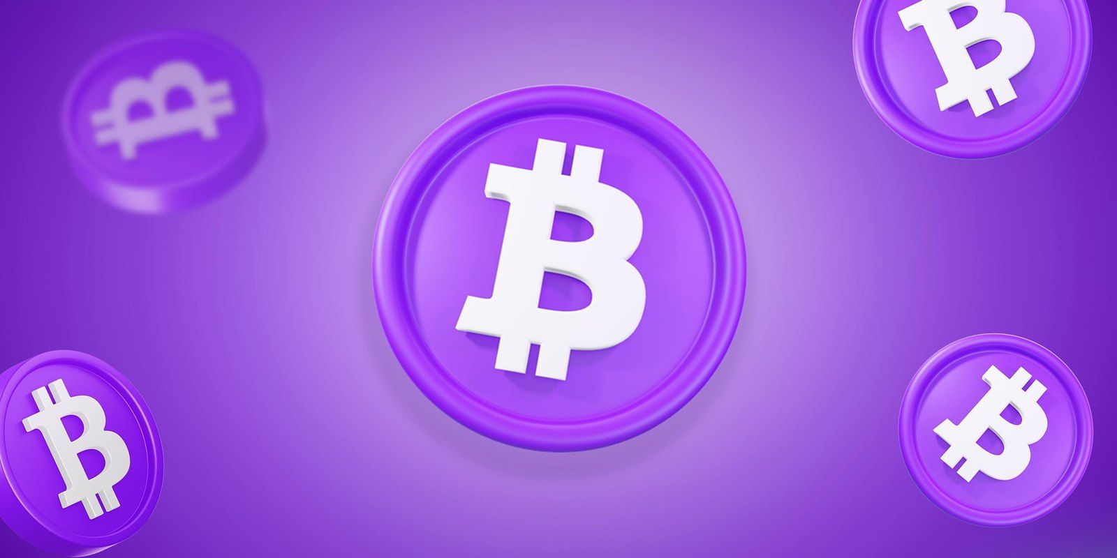 Fichas 3D moradas con el símbolo de bitcoin