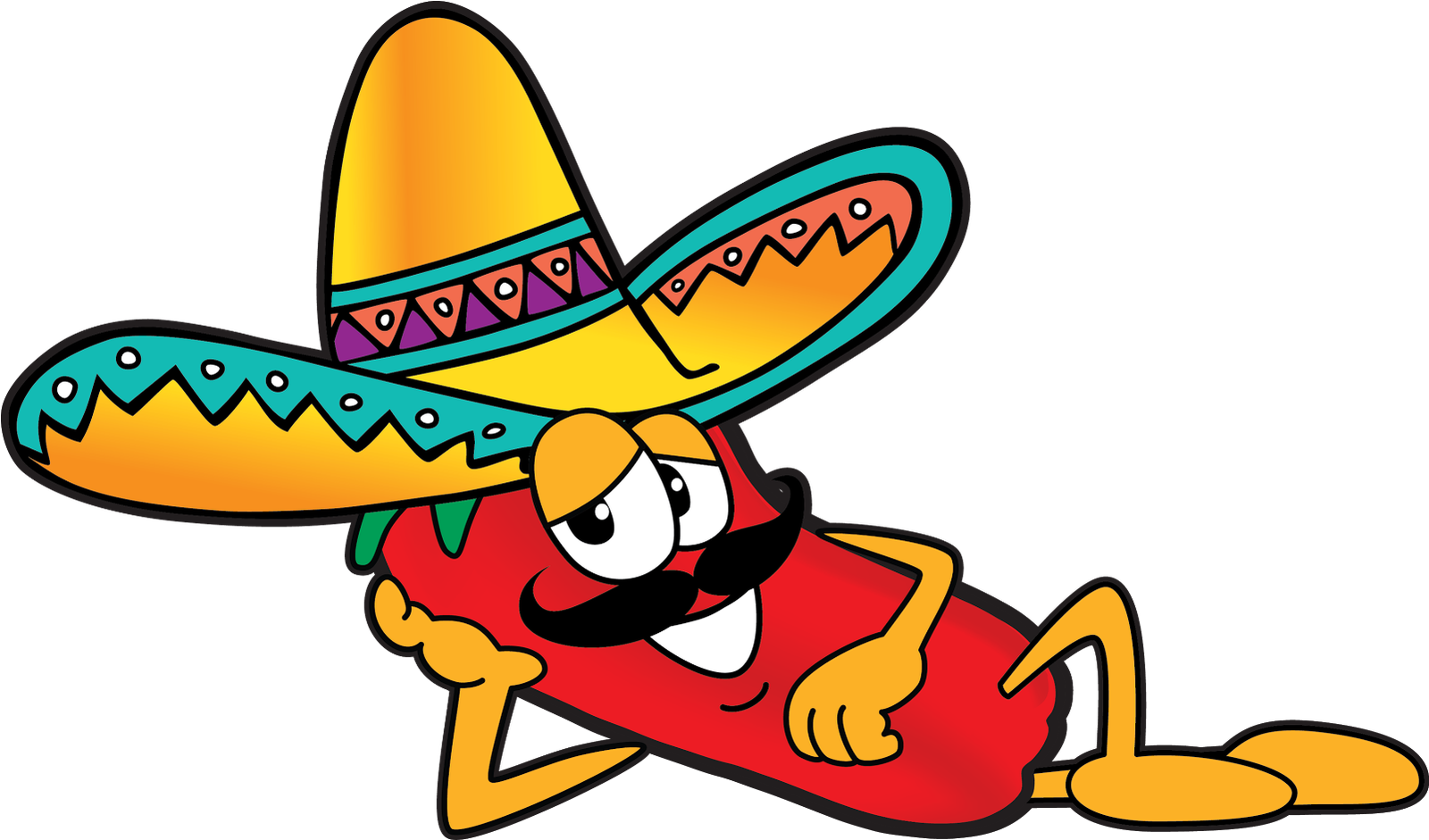 Ilustración de un chile rojo con sombrero y bigote, recostado