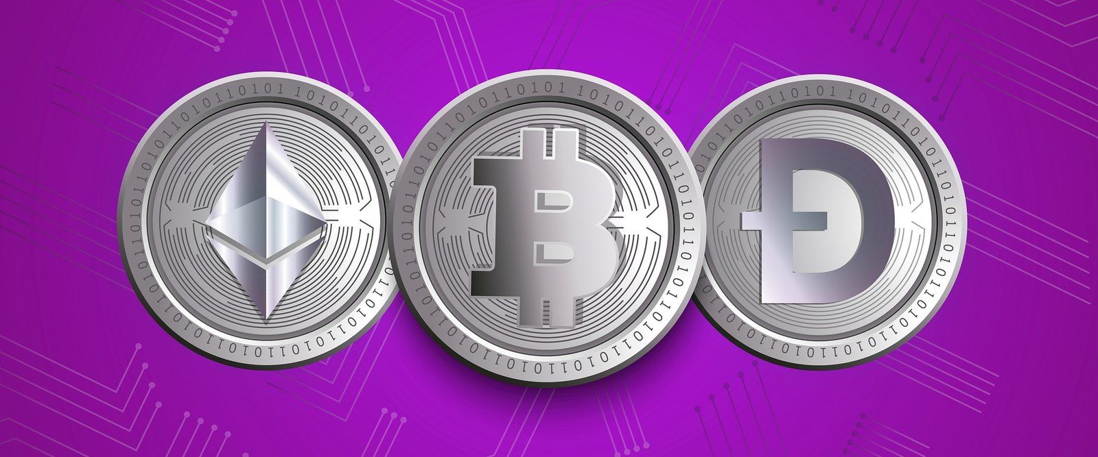 Monedas físicas de Ethereum, Bitcoin y Dogecoin juntas sobre una superficie
