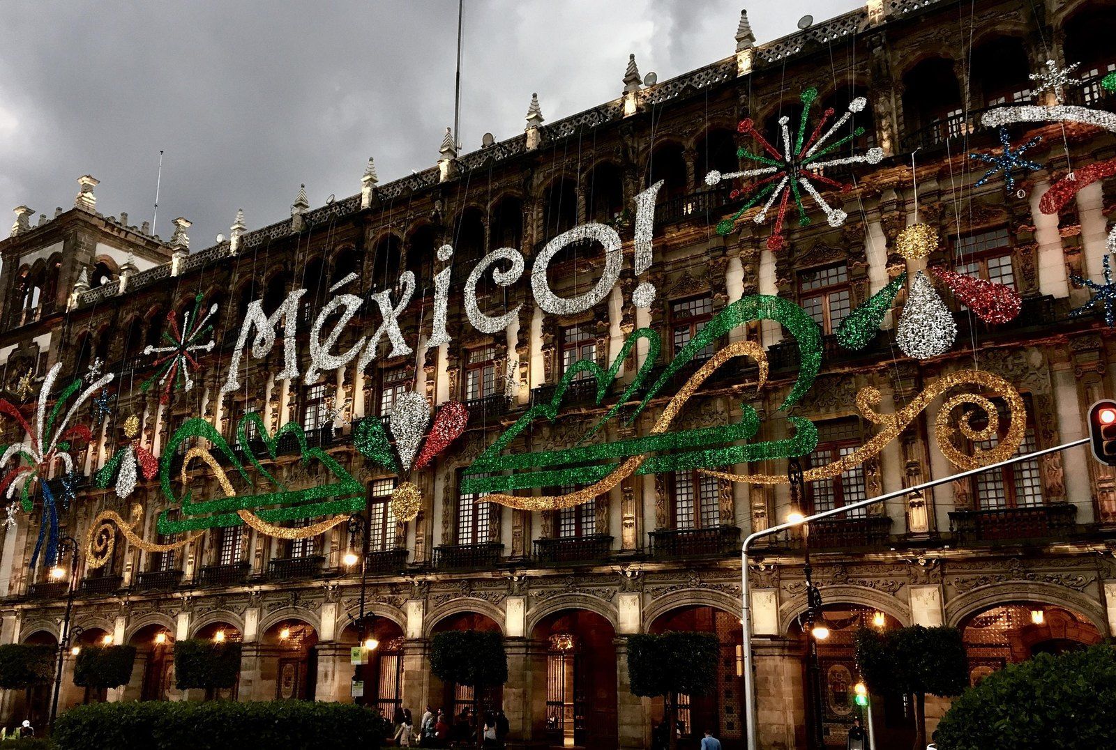 Historic Mexico City building decorated for Independence Day