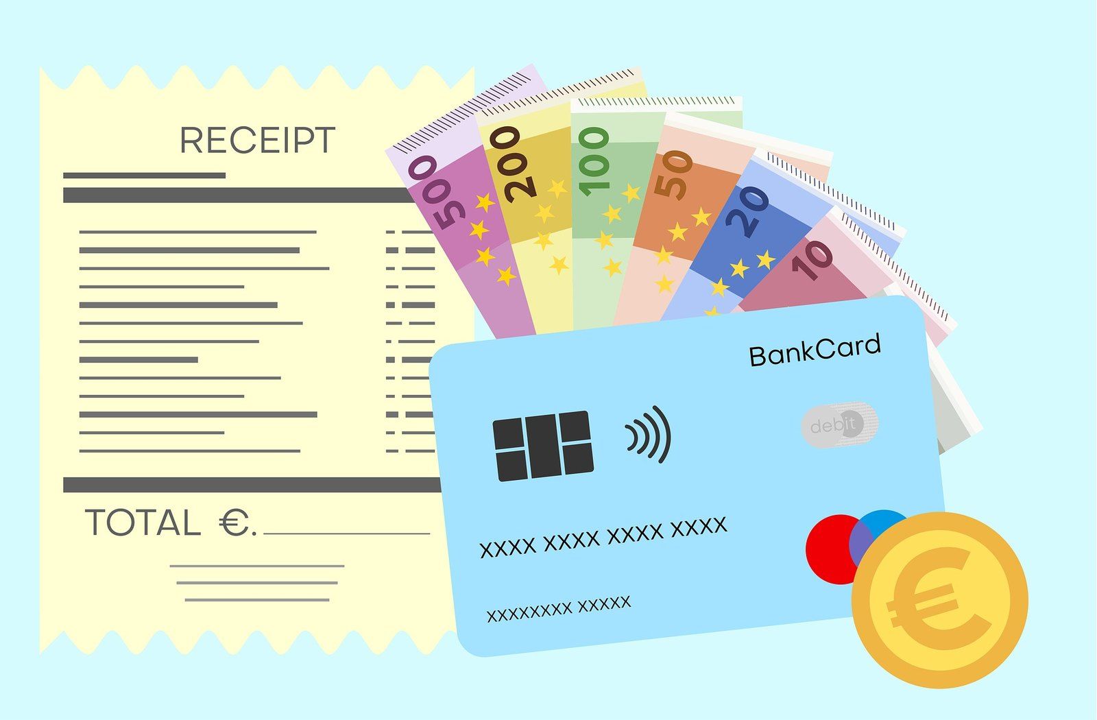 Ilustración de un recibo, billetes y una tarjeta